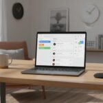 Bureau moderne avec ordinateur affichant une boîte Gmail organisée en 2025, intégrant libellés colorés et outils Google pour productivité