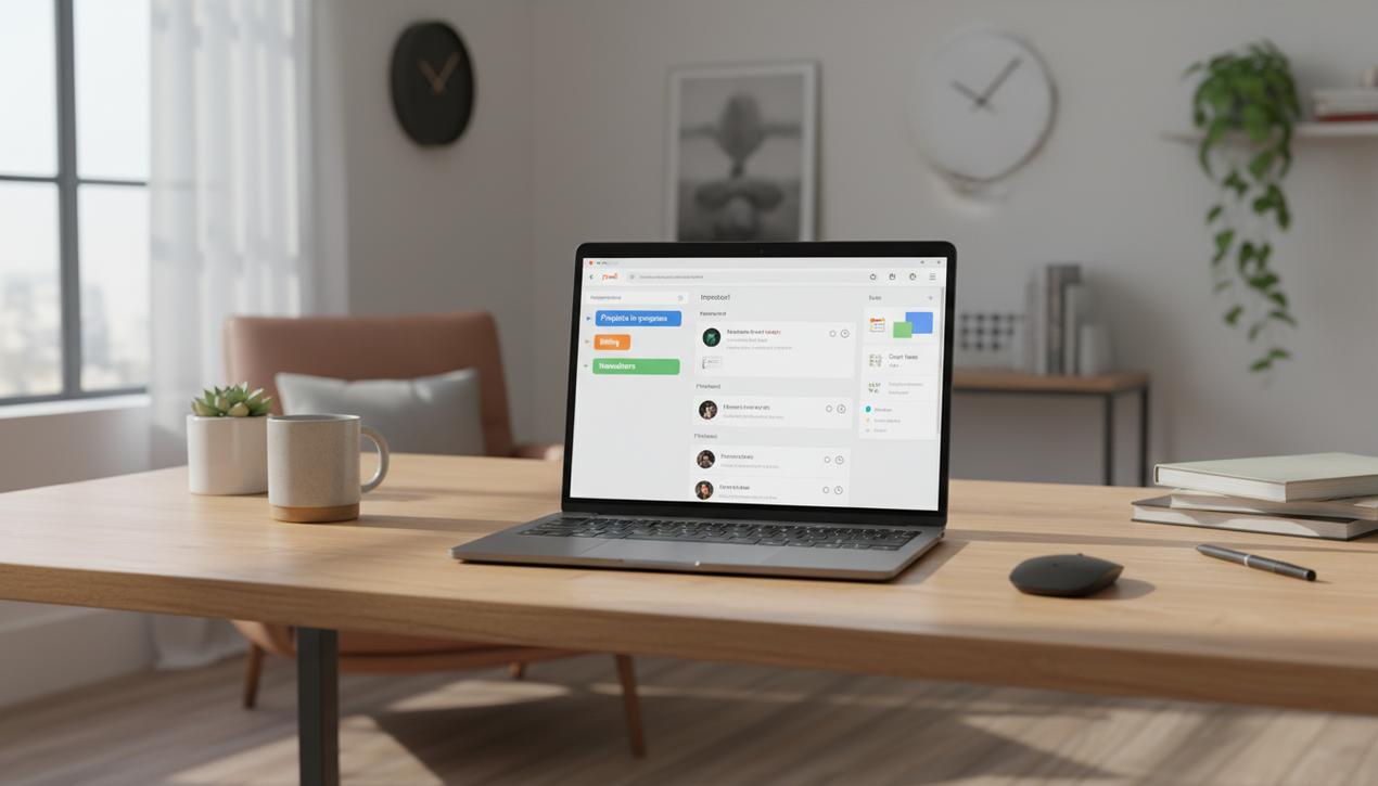 Bureau moderne avec ordinateur affichant une boîte Gmail organisée en 2025, intégrant libellés colorés et outils Google pour productivité