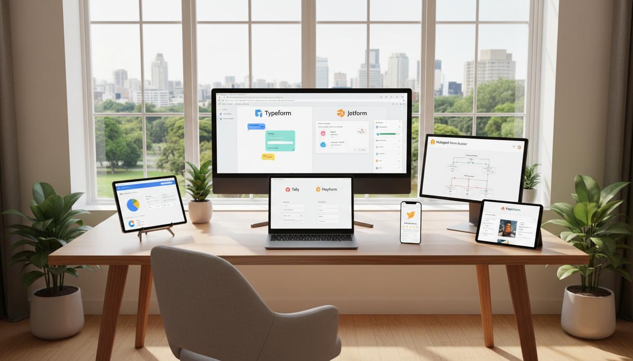 Espace de travail moderne en lumière naturelle avec plusieurs écrans montrant les interfaces des meilleurs outils de création de formulaires en ligne en 2025.