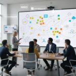 Espace de travail collaboratif lumineux avec tableau blanc numérique et logos des meilleurs outils de brainstorming en ligne 2025.