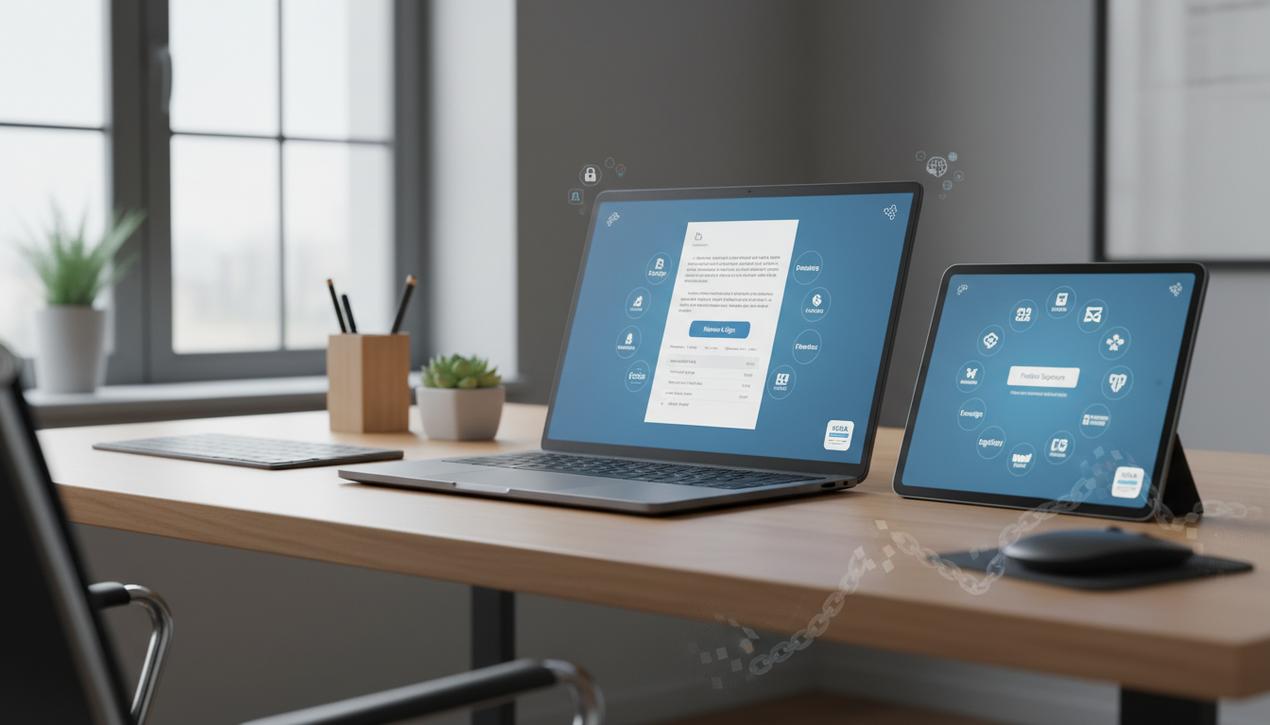 Vue d'un bureau moderne avec des écrans montrant des documents numériques et logos des outils de signature électronique en 2025.