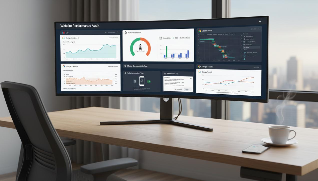 Espace de travail moderne avec écran affichant les outils Google pour auditer et optimiser la performance d'un site web efficacement en 2025.