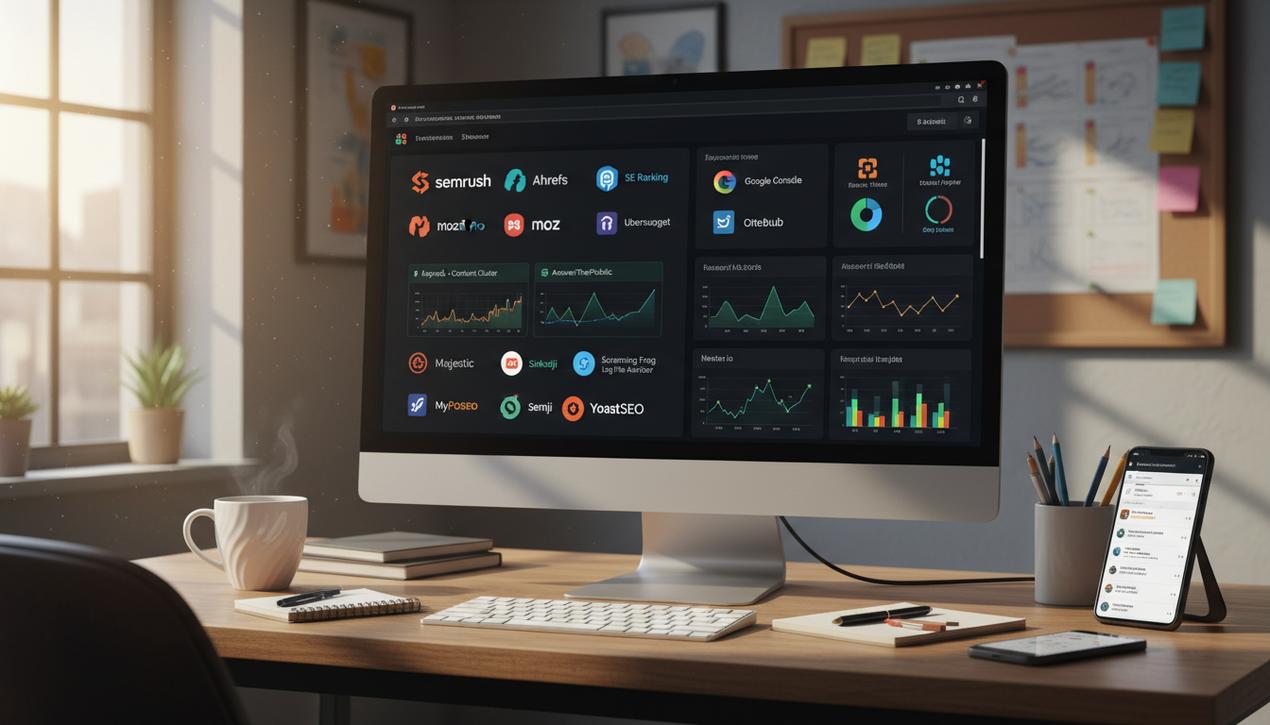 Bureau moderne en 2025 avec écran affichant les meilleurs outils SEO et leurs logos pour optimiser le référencement naturel.