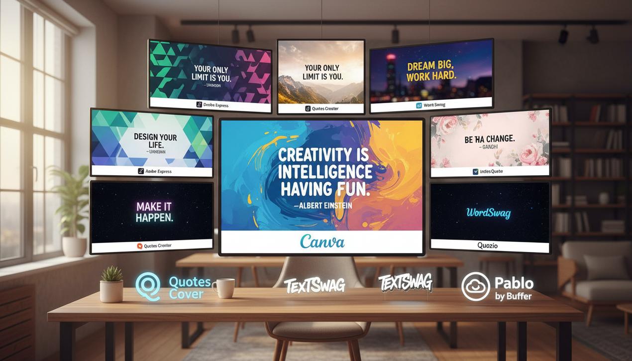 Espace de travail moderne avec plusieurs écrans affichant des citations visuelles colorées créées avec les meilleurs outils de 2025, ambiance lumineuse et décor minimaliste.