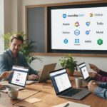 Photo d'un espace de travail moderne en 2025 avec des freelances utilisant les meilleurs outils collaboratifs affichés sur leurs écrans et logos visibles au mur.