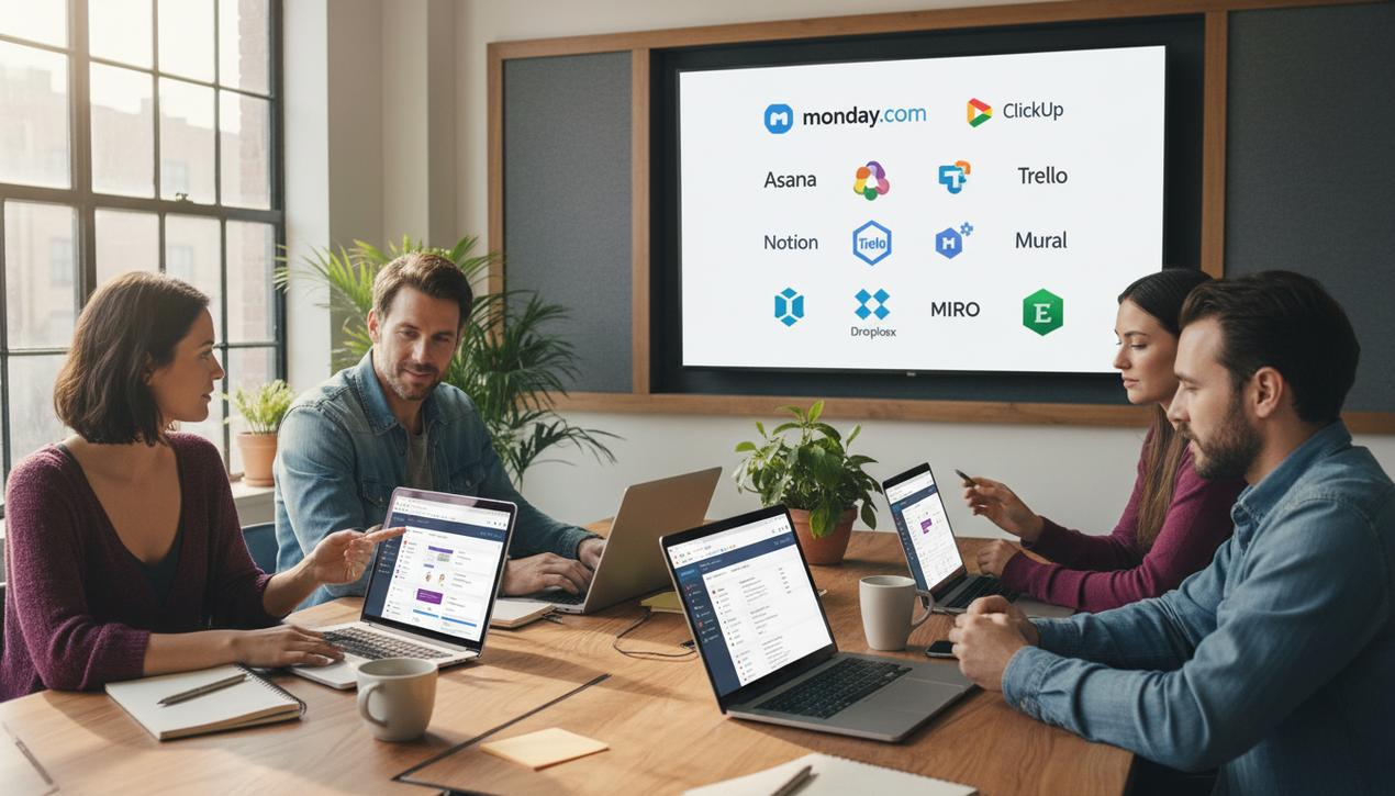 Photo d'un espace de travail moderne en 2025 avec des freelances utilisant les meilleurs outils collaboratifs affichés sur leurs écrans et logos visibles au mur.
