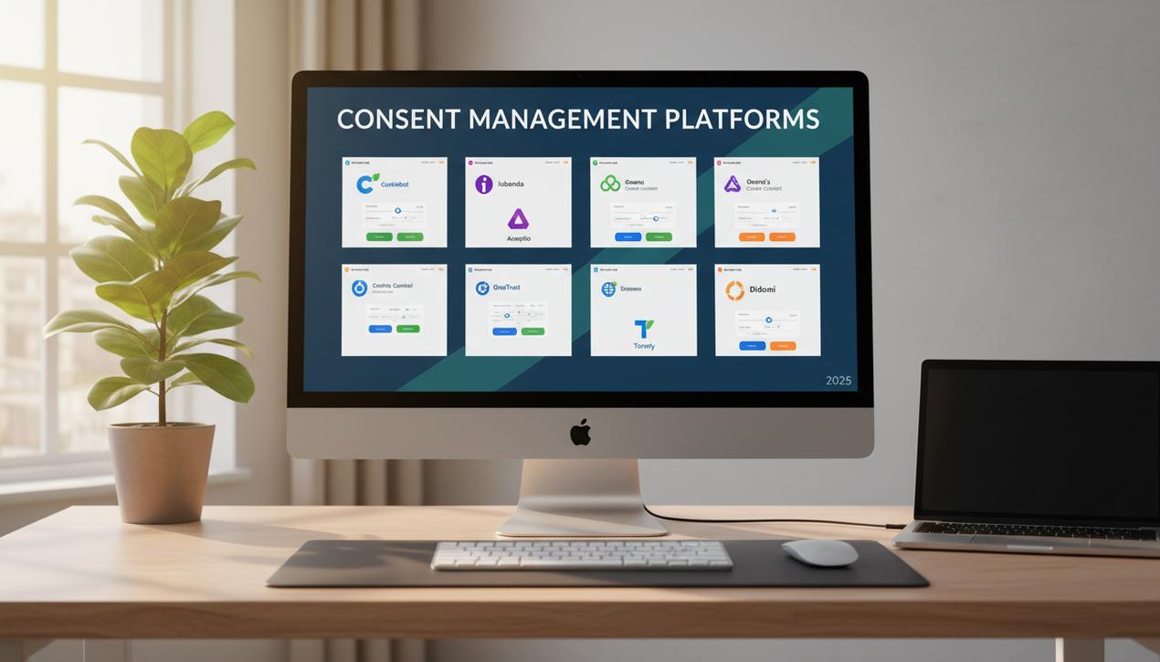 Espace de travail moderne avec écran montrant les interfaces des meilleurs outils de gestion de consentement aux cookies pour 2025.