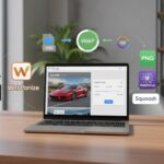 Bureau professionnel lumineux en 2025 avec ordinateur affichant outil Squoosh et logos des meilleurs convertisseurs WebP pour optimisation image.