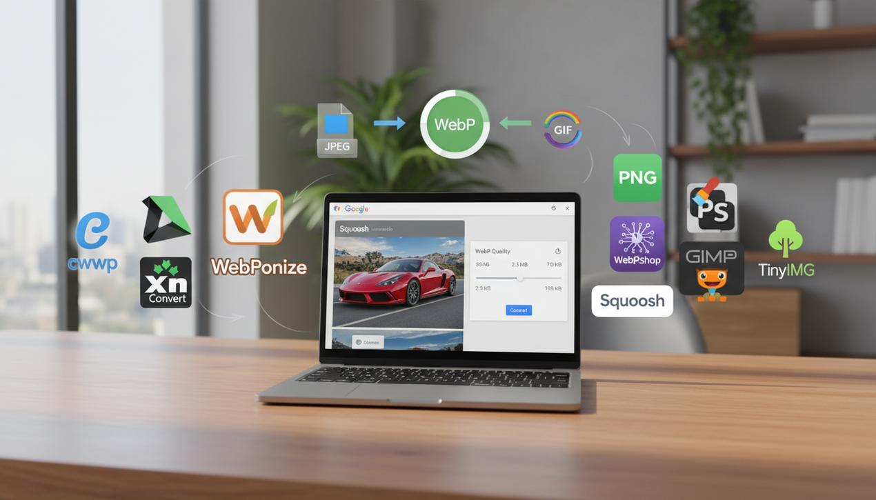 Bureau professionnel lumineux en 2025 avec ordinateur affichant outil Squoosh et logos des meilleurs convertisseurs WebP pour optimisation image.