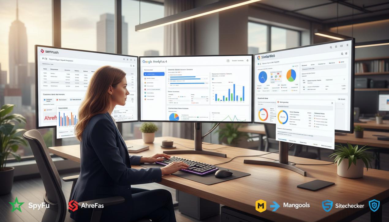 Professionnel analysant le trafic web 2025 avec outils Google Analytics, Semrush, Ahrefs, dans un bureau moderne lumineux avec écrans affichant données SEO concurrentielle.