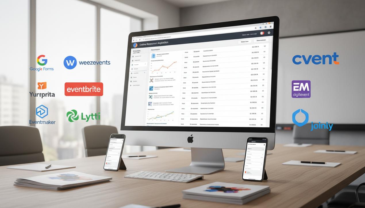 Scène professionnelle 2025 montrant écran d'inscription en ligne avec logos Google Forms Eventbrite Weezevents et autres outils reconnus pour événements.