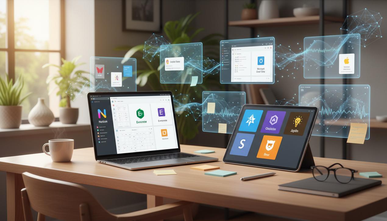 Bureau moderne avec ordinateur affichant les interfaces des 12 meilleurs outils de prise de notes en 2025, ambiance lumineuse naturelle et décor minimaliste.