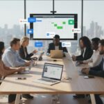 Scène de réunion moderne avec professionnels utilisant des outils numériques optimisant la collaboration et la planification en entreprise.