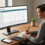 Un bureau professionnel lumineux en 2025 montre une interface organisée d'outils de gestion de tâches avec logos, ambiance calme et moderne.