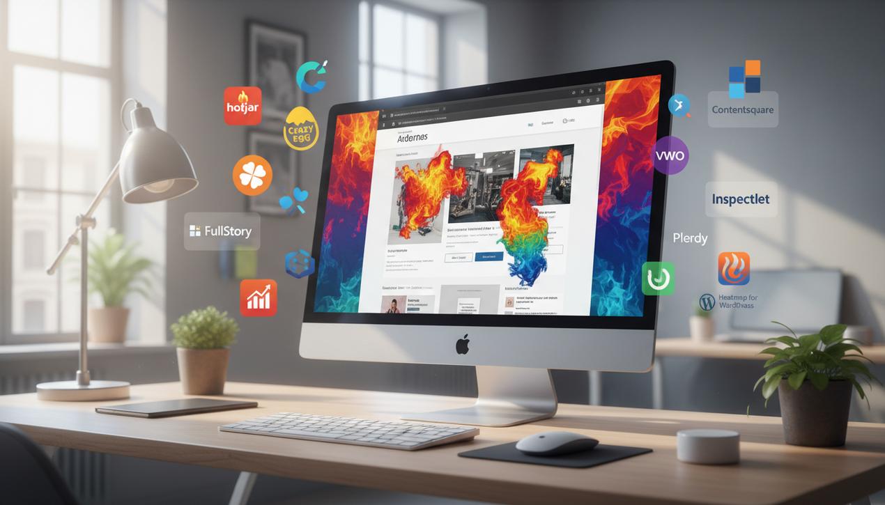 Un bureau moderne avec un écran affichant une heatmap colorée détaillée accompagnée de logos d'outils heatmap populaires en 2025 dans un environnement lumineux et professionnel.