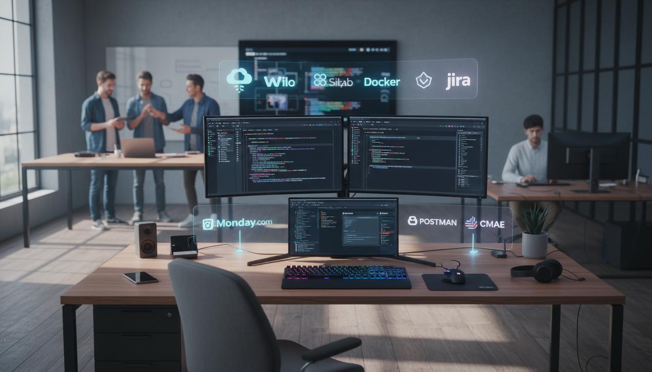 Bureau moderne en 2025 équipé d'outils logiciels clés avec écrans montrant IDE et logos pour un développement collaboratif efficace.