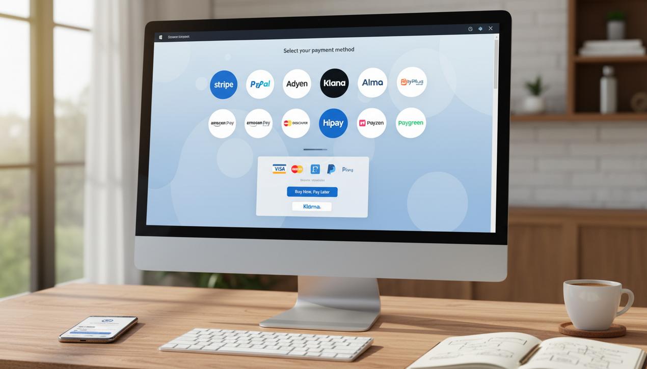 Interface moderne de paiement en ligne en 2025 montrant plusieurs solutions comme Stripe, PayPal, Klarna, mise en scène dans un bureau lumineux et professionnel avec équipements numériques