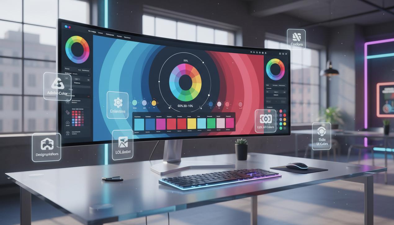 Un espace de travail numérique moderne illustrant la création d'une palette de couleurs parfaite avec les 12 outils majeurs en 2025 dans une ambiance lumineuse apaisante.
