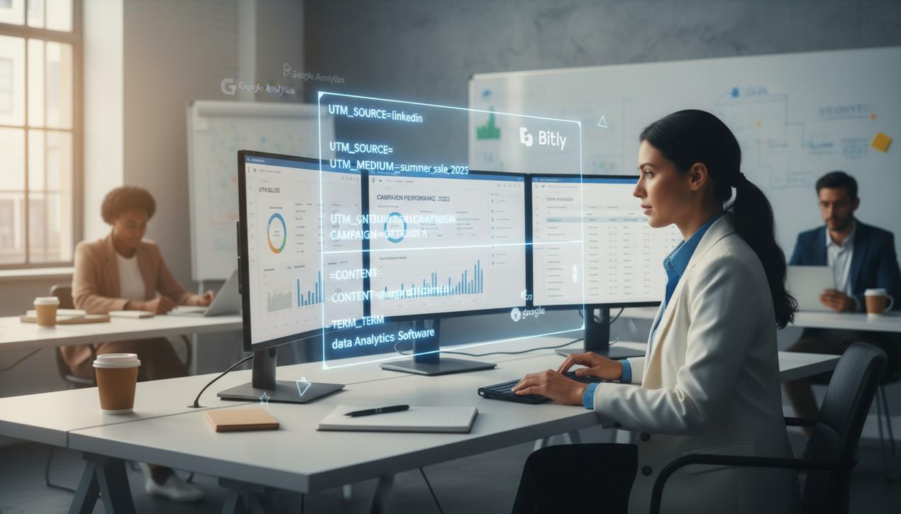 Un professionnel du marketing digital analyse les paramètres UTM sur plusieurs écrans dans un bureau lumineux en 2025 avec logos d'outils marketing visibles.