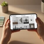 Smartphone moderne affichant des photos Instagram parfaitement composées à la golden hour dans un espace de travail lumineux, avec logos d'applications de retouche photo reconnues.