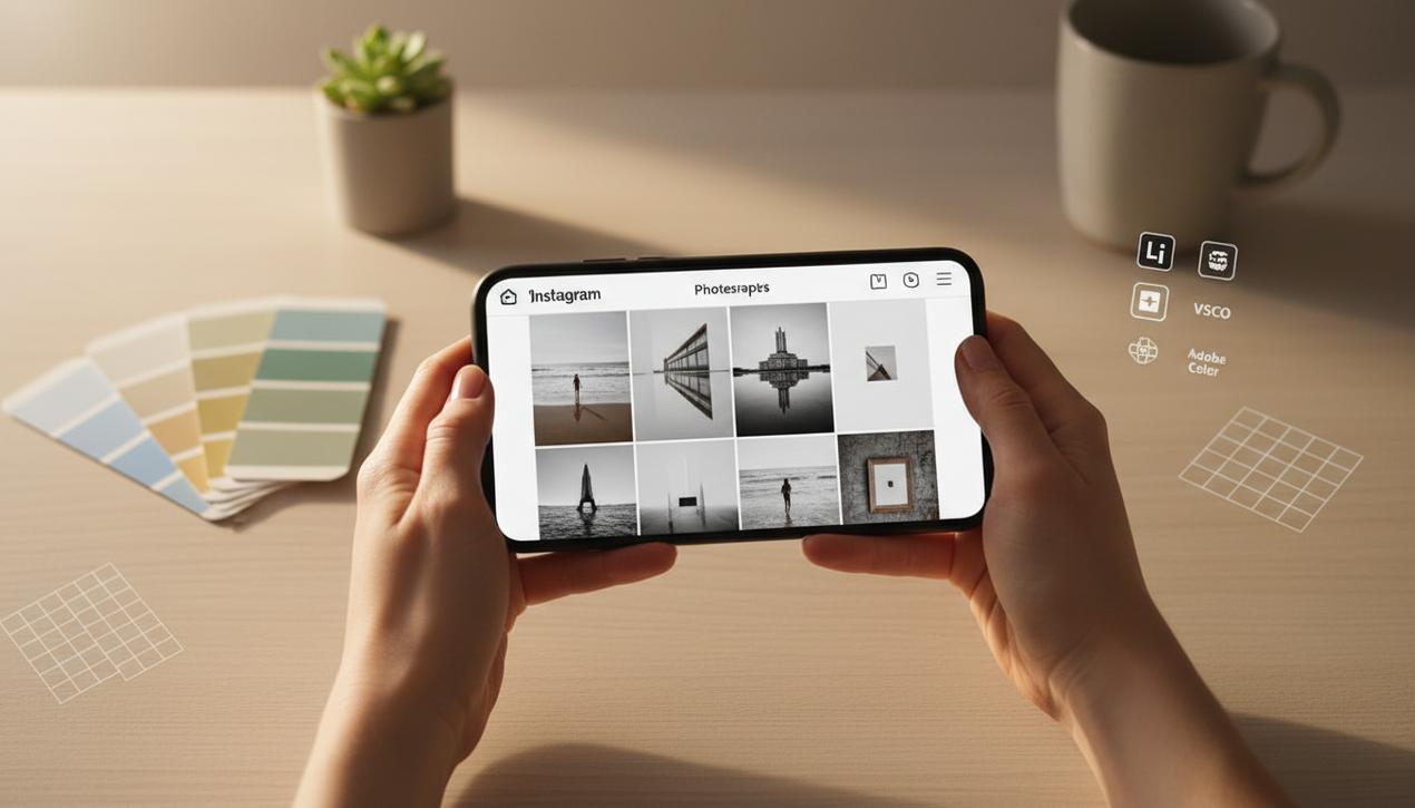 Smartphone moderne affichant des photos Instagram parfaitement composées à la golden hour dans un espace de travail lumineux, avec logos d'applications de retouche photo reconnues.