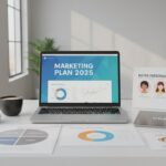Bureau professionnel lumineux avec plans marketing 2025 détaillés, logos d'outils et stratégie digitale affichée