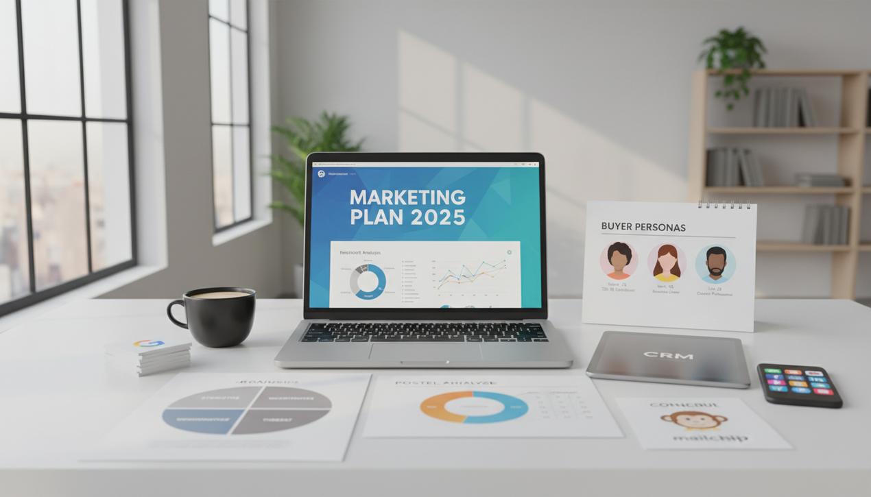 Bureau professionnel lumineux avec plans marketing 2025 détaillés, logos d'outils et stratégie digitale affichée