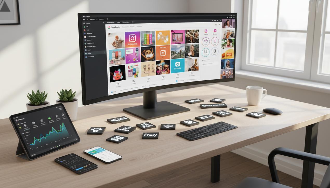 Espace de travail moderne en 2025 montrant un écran avec planificateurs Instagram et logos d'outils, ambiance lumineuse naturelle.