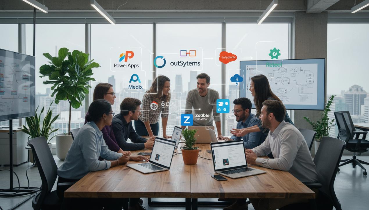 Espace de travail collaboratif en 2025 montrant des professionnels utilisant des plateformes low code avec les logos Microsoft, OutSystems, Mendix, Salesforce et autres dans une ambiance lumineuse et moderne.