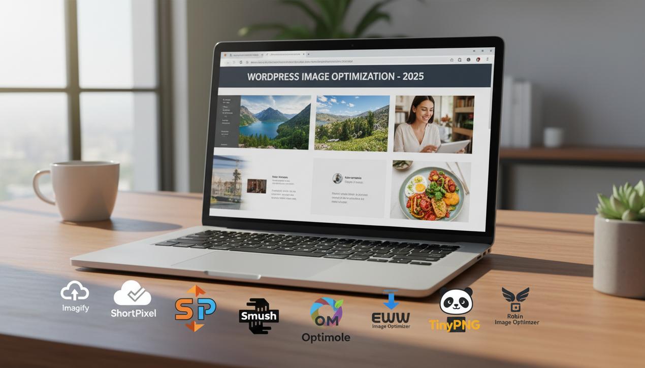 Un ordinateur portable montre un site WordPress avec images optimisées rapidement au bureau moderne lumineux avec logos des plugins doptimisation autour.