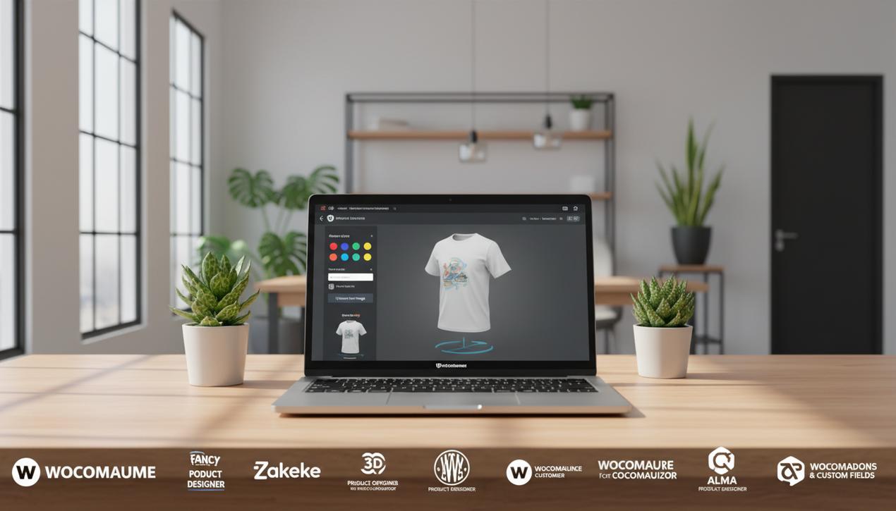 Un espace de travail moderne avec un ordinateur affichant la personnalisation de produits WooCommerce en 2025, entouré de logos de plugins populaires.