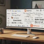 Espace de travail moderne avec ordinateur affichant divers exemples de typographies gratuites en 2025 dans un studio lumineux et professionnel.