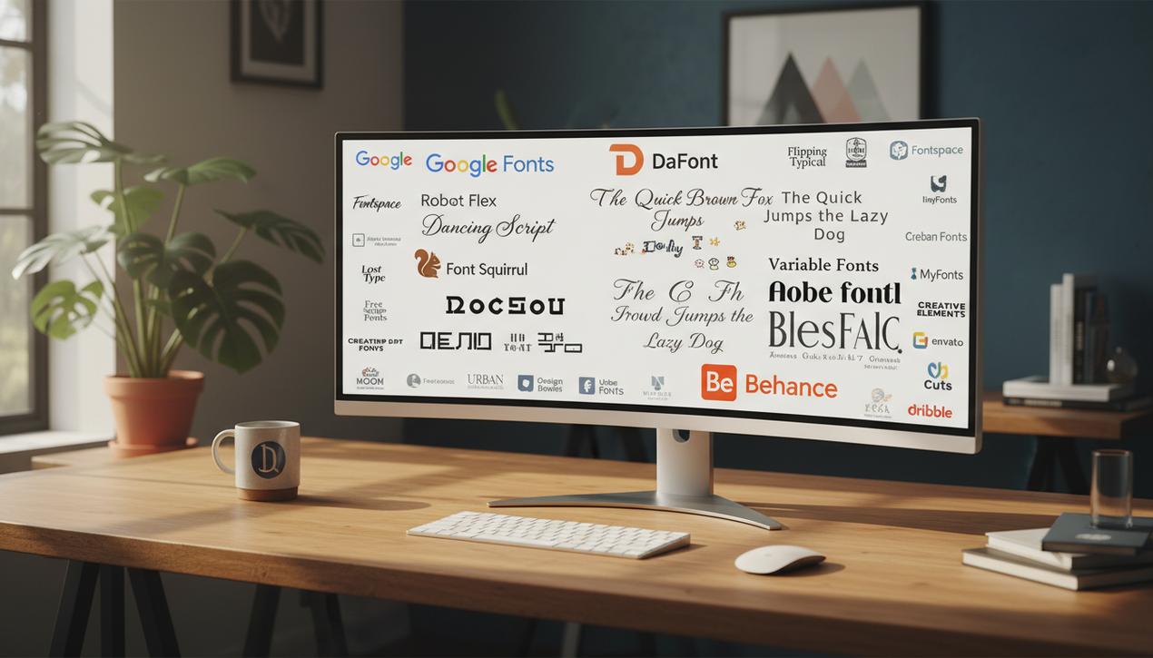 Espace de travail moderne avec ordinateur affichant divers exemples de typographies gratuites en 2025 dans un studio lumineux et professionnel.