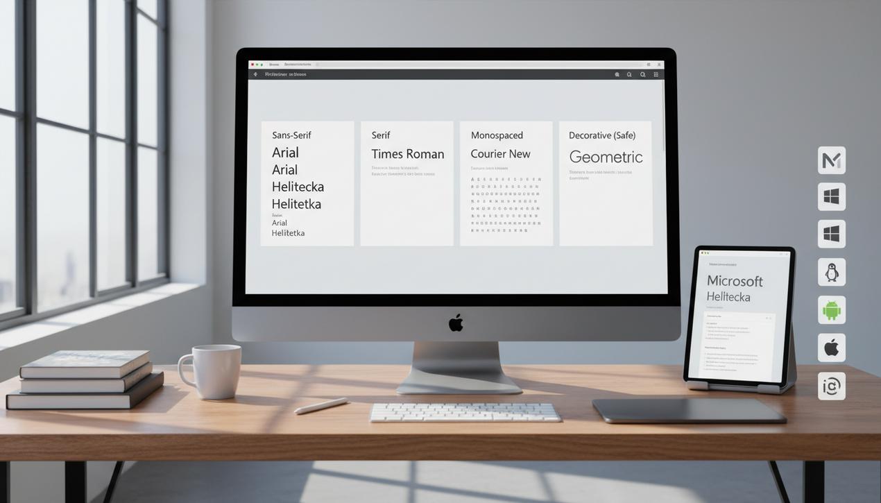 Bureau moderne d'un designer web en 2025 affichant des échantillons de polices web safe avec logos des outils et interfaces claires.