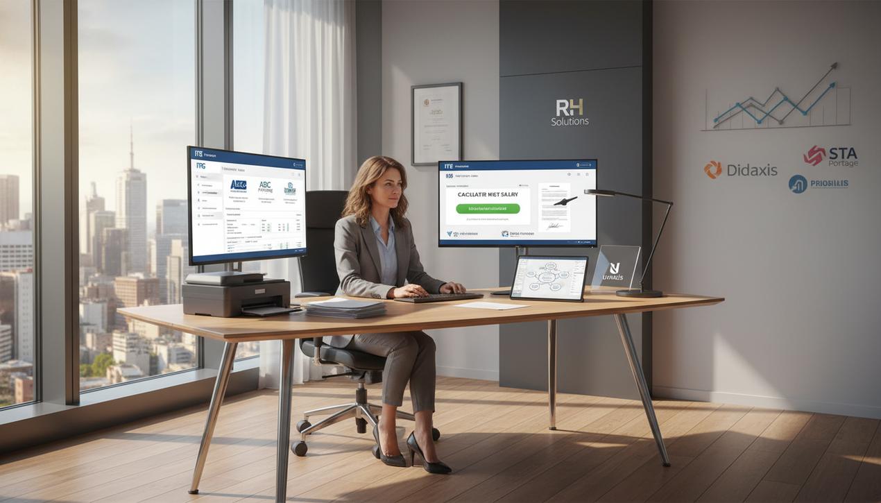 Un espace de travail moderne et lumineux avec un freelance utilisant des plateformes digitales de portage salarial en 2025, intégrant logos et outils professionnels.