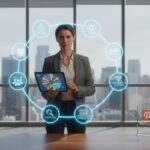 Un expert en marketing en bureau moderne 2025 avec hologrammes stratégiques de positionnement de marque et logos d'outils de marketing visibles.