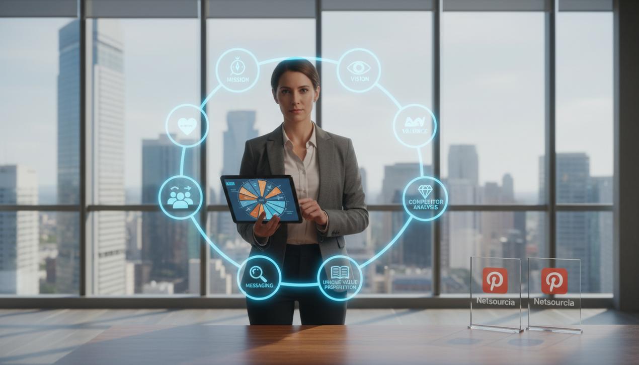 Un expert en marketing en bureau moderne 2025 avec hologrammes stratégiques de positionnement de marque et logos d'outils de marketing visibles.