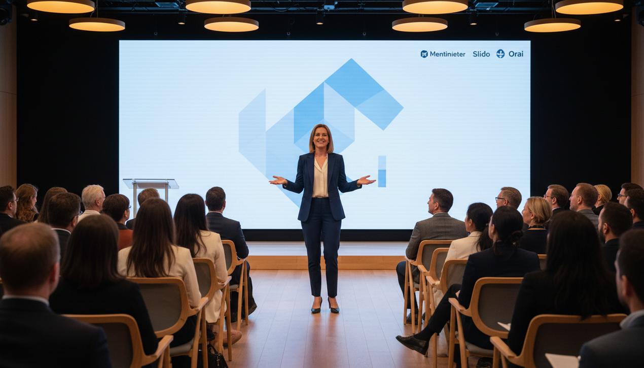 Orateur confiant en tenue professionnelle lors d'une présentation captivante en salle de conférence moderne avec logos Mentimeter et Slido visibles.