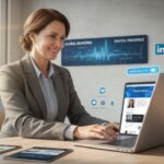 Professionnel dynamique en bureau moderne optimisant son profil LinkedIn en 2025 avec des éléments visuels clés et logos.