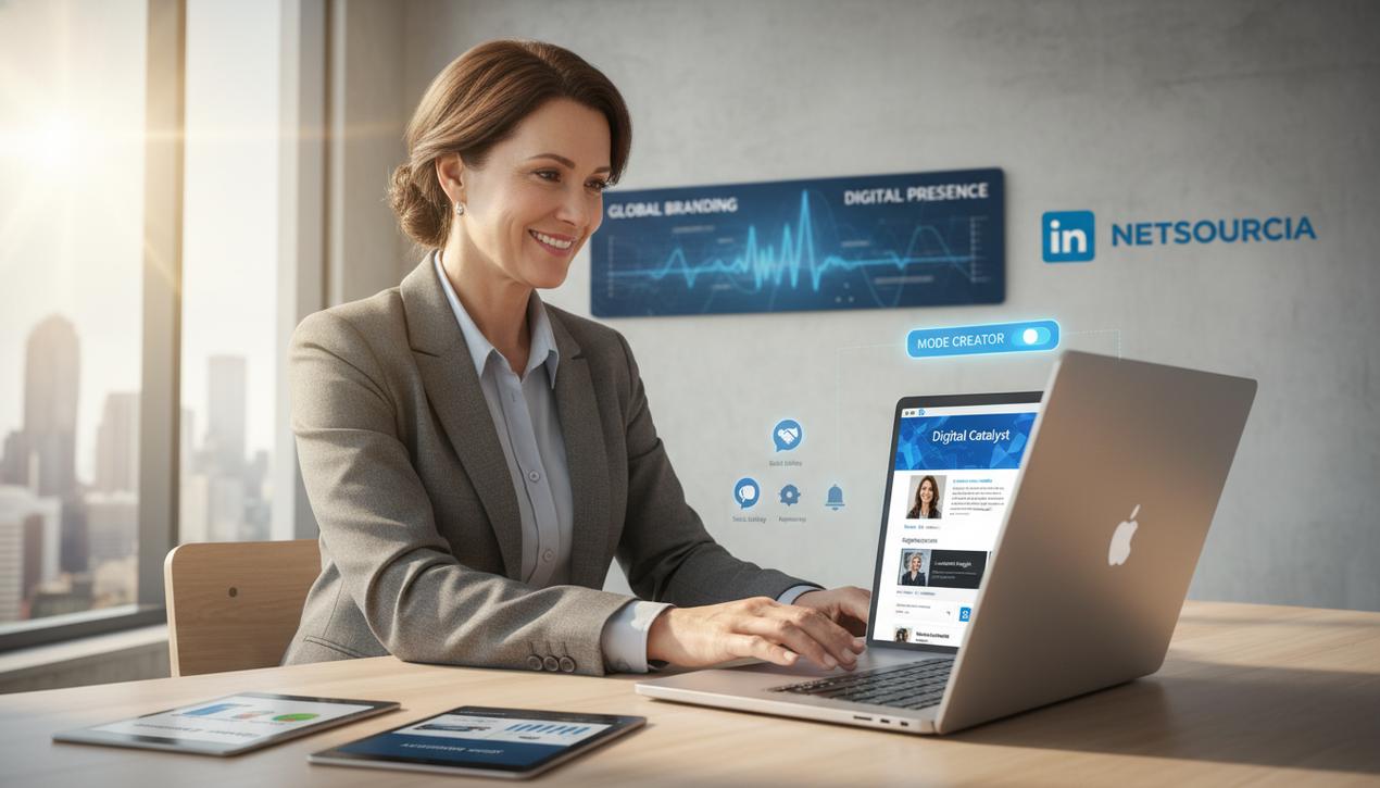 Professionnel dynamique en bureau moderne optimisant son profil LinkedIn en 2025 avec des éléments visuels clés et logos.