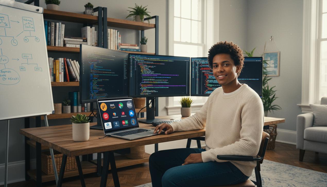 Un jeune professionnel motivé code dans un bureau lumineux entouré des logos des principales plateformes d'apprentissage de programmation en 2025.