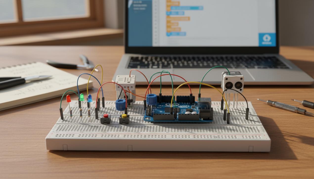 Configuration complète d'un projet Arduino débutant avec la carte Uno, composants essentiels et ambiance atelier lumineux naturel.