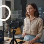 Studio moderne avec une créatrice de contenu utilisant un téléprompteur numérique clair, entourée de logos d’outils téléprompteurs populaires.