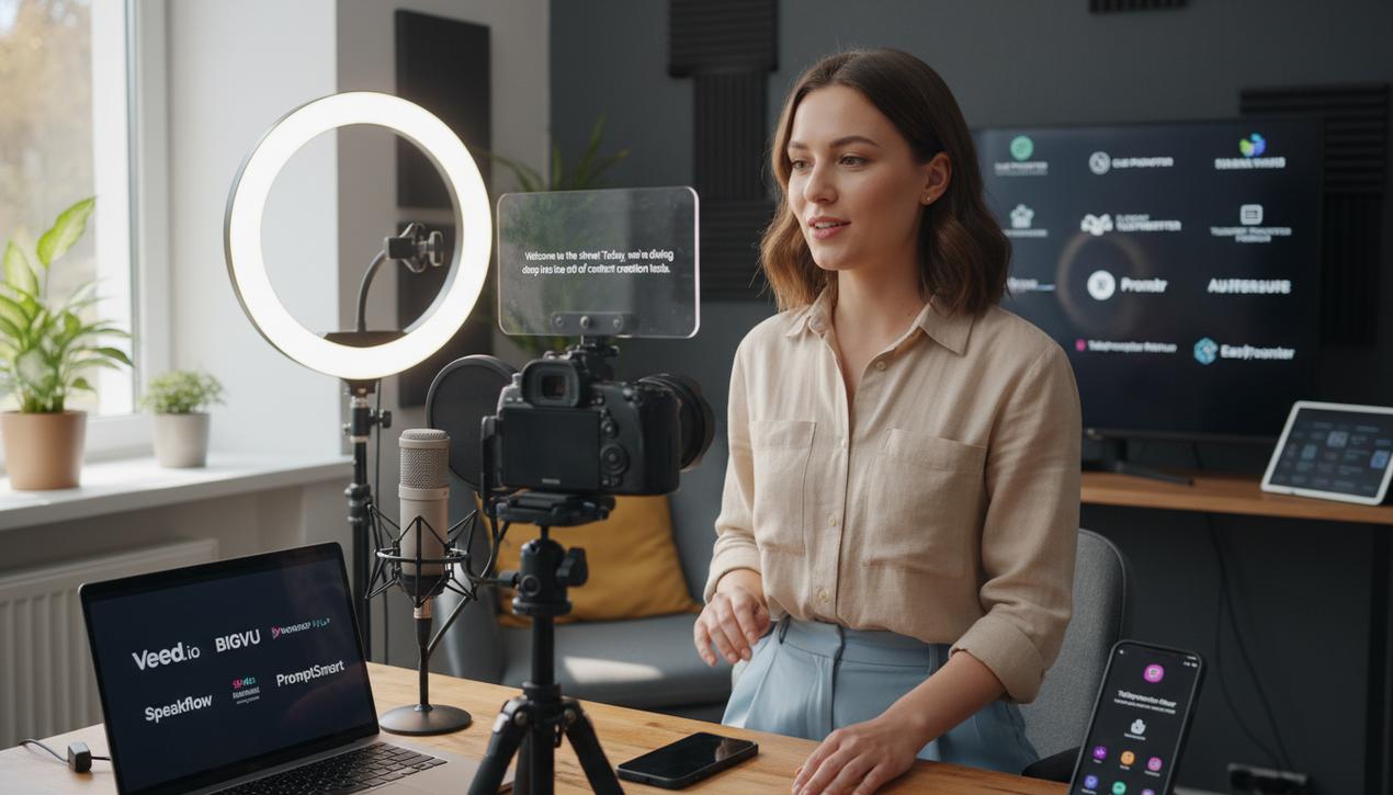 Studio moderne avec une créatrice de contenu utilisant un téléprompteur numérique clair, entourée de logos d’outils téléprompteurs populaires.