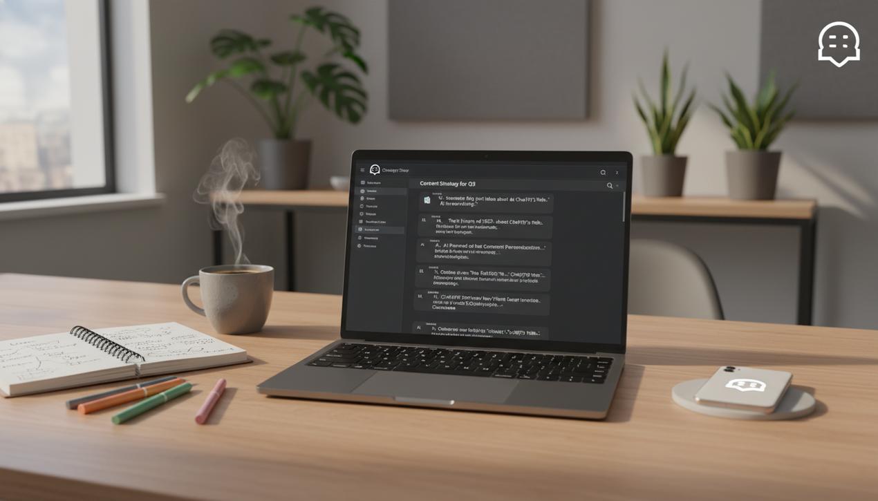 Bureau moderne lumineux en 2025 avec ordinateur affichant interface ChatGPT pour optimiser création de contenu blog