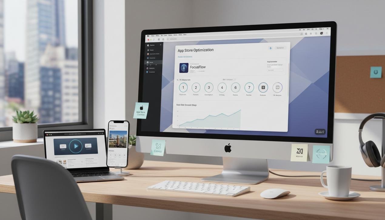 Espace de travail moderne illustrant le processus complet de publication d'une application sur l'Apple Store en 2025 avec outils et interfaces clés.