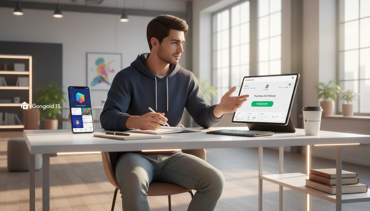 Entrepreneur technologique travaillant sur la console Google Play pour publier une application Android avec un bureau moderne et plusieurs appareils numériques.