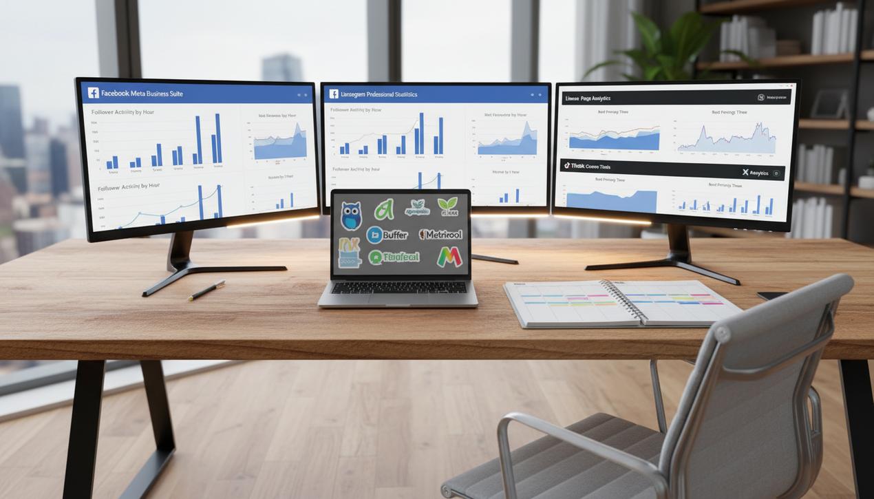 Bureau moderne de stratégie réseaux sociaux avec écrans affichant statistiques et logos des outils pour optimiser horaires de publication 2025.