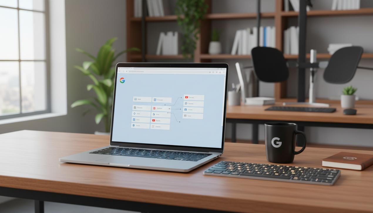 Espace de travail professionnel lumineux avec un ordinateur affichant la gestion efficace des onglets et fenêtres de Google Chrome grâce aux raccourcis clavier en 2025.