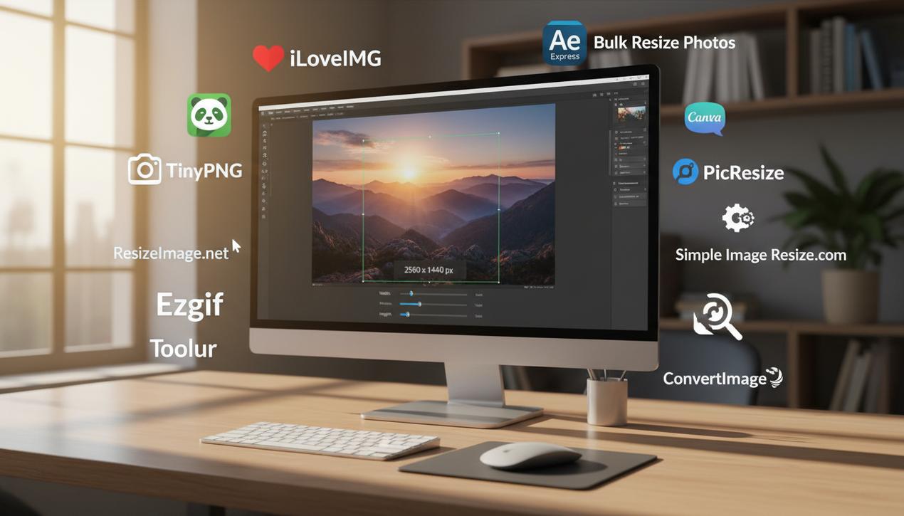 Bureau numérique moderne avec écran affichant redimensionnement d'image, logos des 13 meilleurs outils alignés, lumière naturelle chaleureuse.